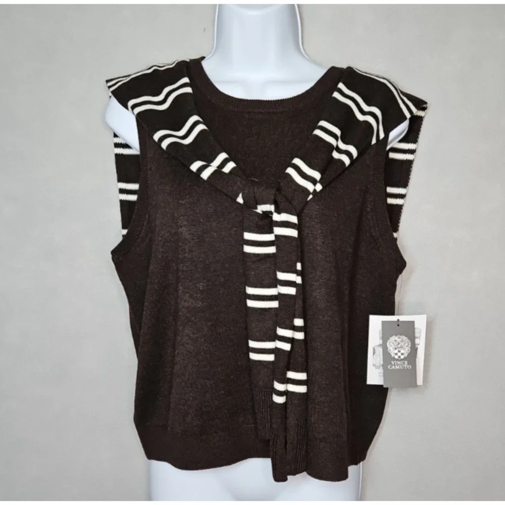 Vince‎ Camuto Womens Brown Sleeveless Sweater Attached Shoulder Tie Large NWT